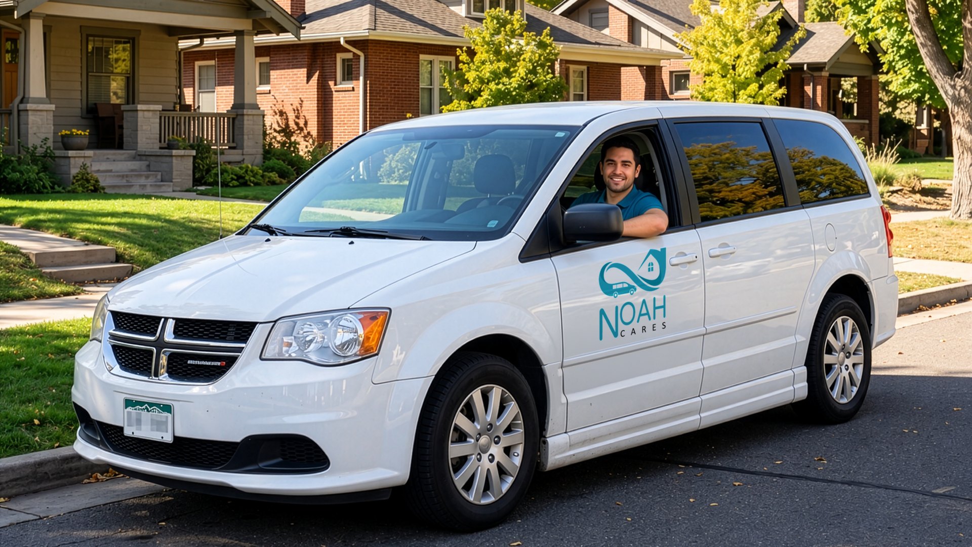Noah Cares van parked on a tree-lined Colorado neighborhood street
