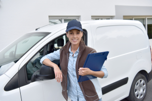 woman leaning on a van